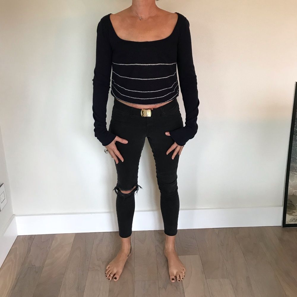 Silence & Noise Navy Striped Crop Top Medium